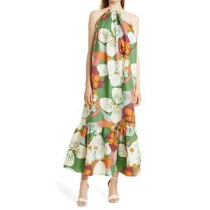 NAOO Women's Green Hawaiian Floral Tiered Maxi Dress Size Large tropical luau